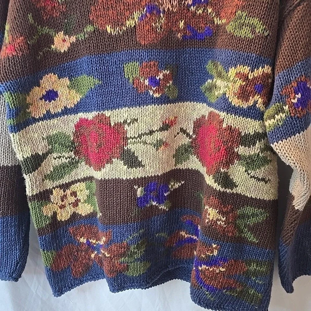 Vintage Styleworks Chunky-knit Fall Autumn Floral Sweater Grandmacore Oversize S